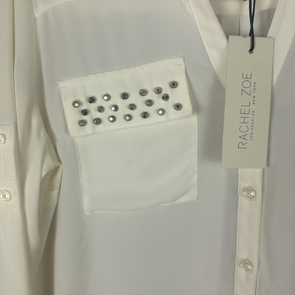 Rachel Zoe Casual White Button-Up Blouse with Metal Detail Size Large - Picture 5 of 13